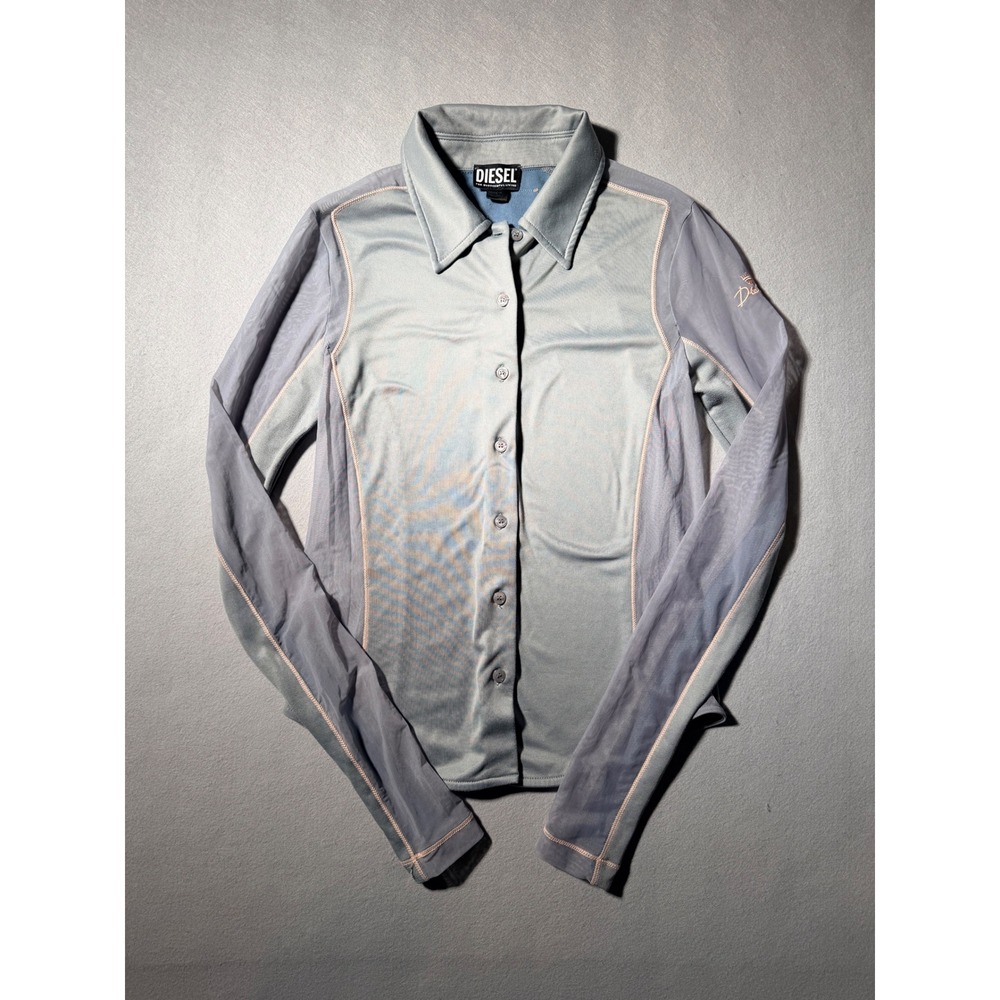 Diesel Noxa Mesh Panel Button Up Shirt Womens Medium pink Grey Sheer Long Sleeve